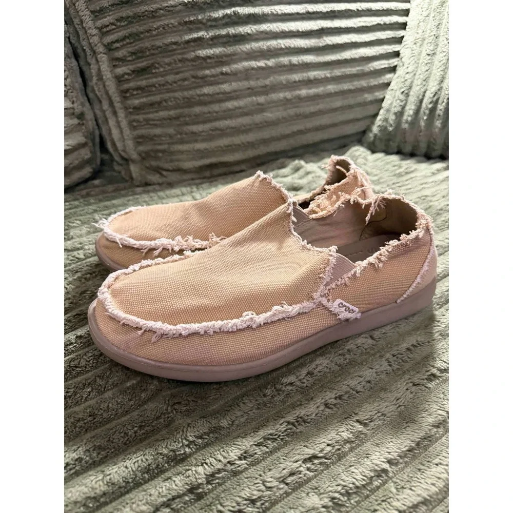 Crocs Mens 10 Santa Cruz Tan Canvas Slip On Loafers Frayed Edge Casual Shoes